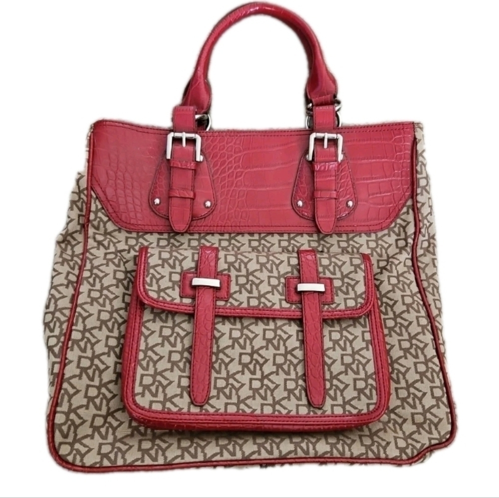 DKNY Jacquard Signature Logo Large Statement Tote With Red Faux Croc Detail